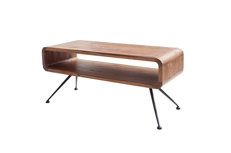 Table basse rétro ALPHA 100cm bois massif de Sheesham marron finition pierre pieds métal noir