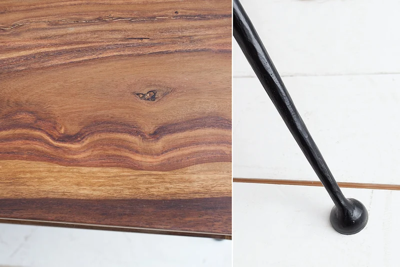 Table basse rétro ALPHA 100cm bois massif de Sheesham marron finition pierre pieds métal noir