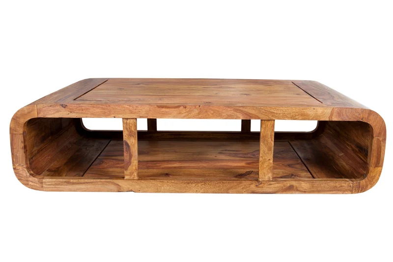 Table basse en bois massif CURVED 100cm finition pierre de Sheesham marron meuble TV bas espace de rangement