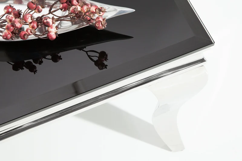 Table basse élégante MODERN BAROQUE 100cm argent avec verre opale noir