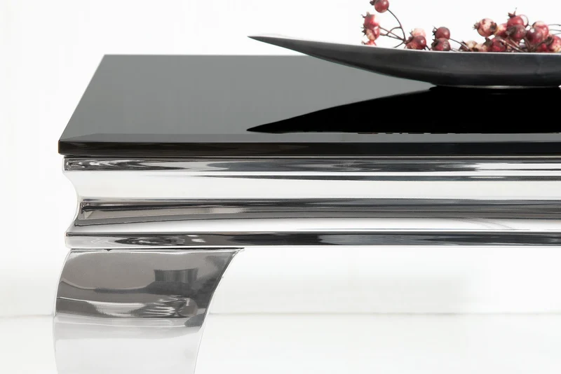 Table basse élégante MODERN BAROQUE 100cm argent avec verre opale noir