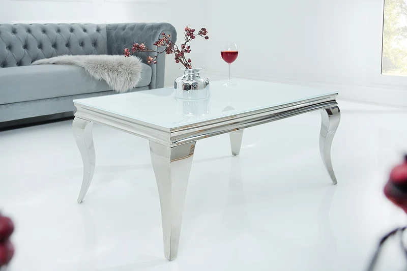 Élégante table basse MODERN BAROQUE 100cm argent avec verre opale blanc