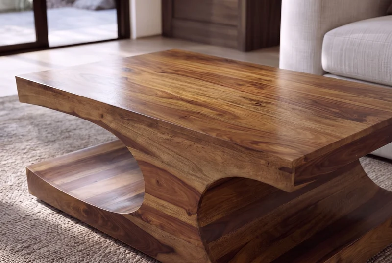 Table basse design CUBUS 120cm en bois massif Sheesham marron finition pierre avec rangements