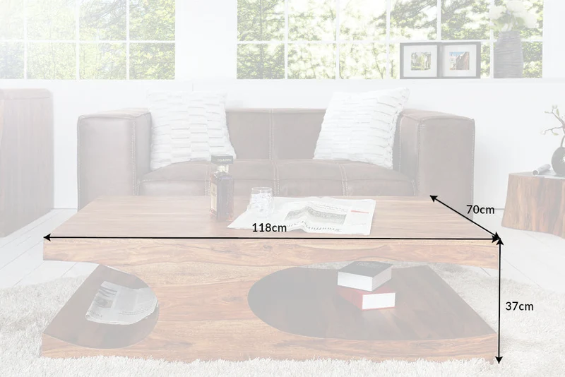 Table basse design CUBUS 120cm en bois massif Sheesham marron finition pierre avec rangements