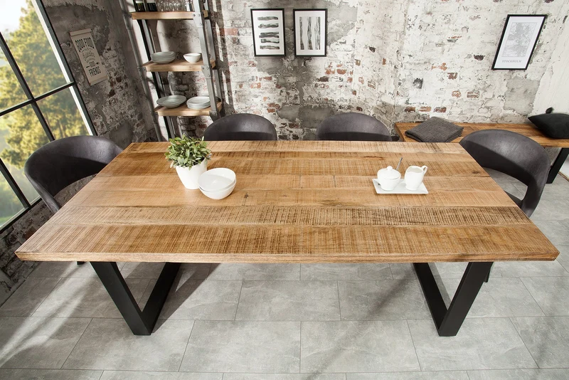 Table à manger solide IRON CRAFT 180cm bois de manguier naturel structure luge en fer design industriel