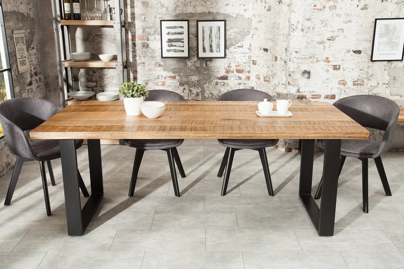 Table à manger solide IRON CRAFT 200 cm en bois de manguier naturel, structure luge en fer, design industriel