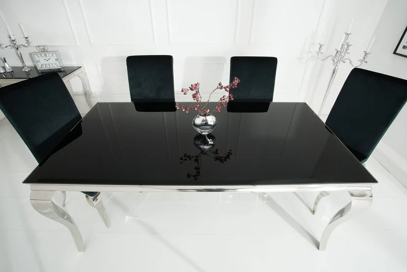 Table à manger design élégant MODERNE BAROQUE 180cm plateau en verre opale en acier inoxydable noir