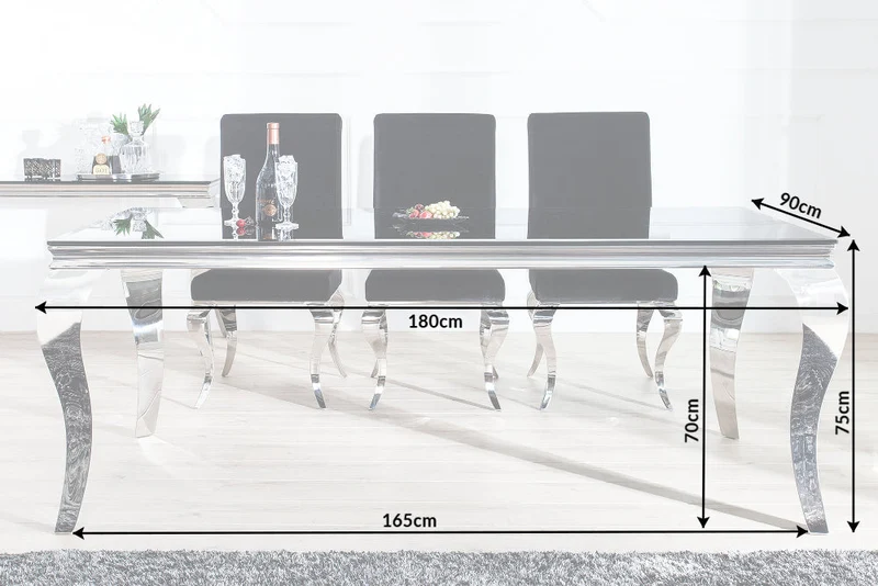 Table à manger design élégant MODERNE BAROQUE 180cm plateau en verre opale en acier inoxydable noir