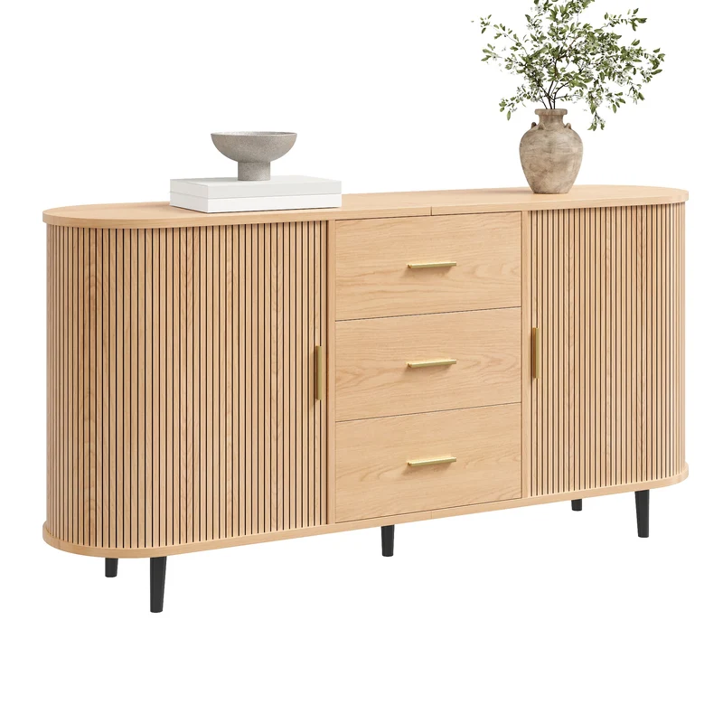 Buffet effet bois clair avec portes coulissantes 3 tiroirs, design arrondi à rainures verticales accents dorés MINIMALISTCONTAINERH