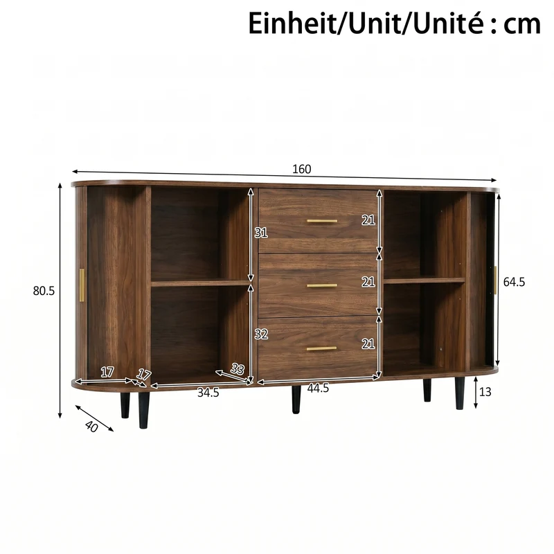 Buffet effet noyer avec portes coulissantes 3 tiroirs, design arrondi à rainures verticales accents dorés MINIMALISTCONTAINERA