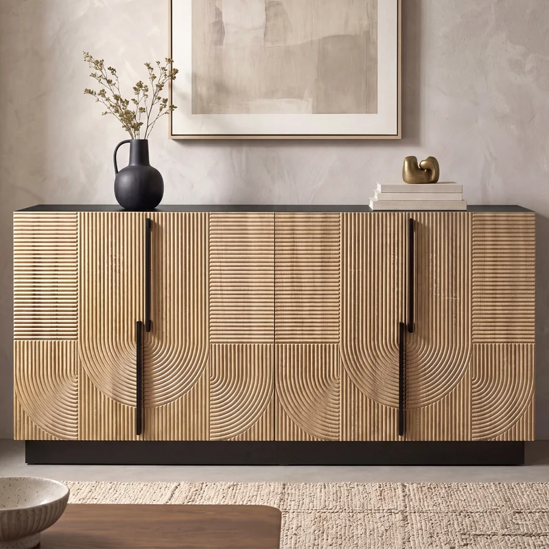 Buffet design effet bois naturel et noir avec 4 portes design lignes et arcs en relief FLEX STYLE