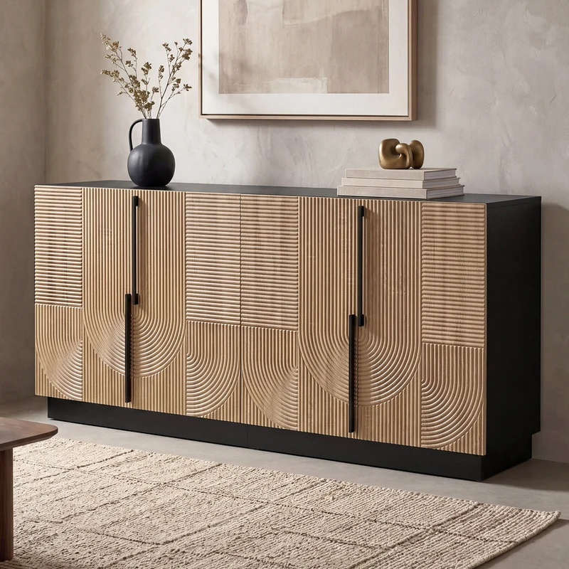 Buffet design effet bois naturel et noir avec 4 portes design lignes et arcs en relief FLEX STYLE