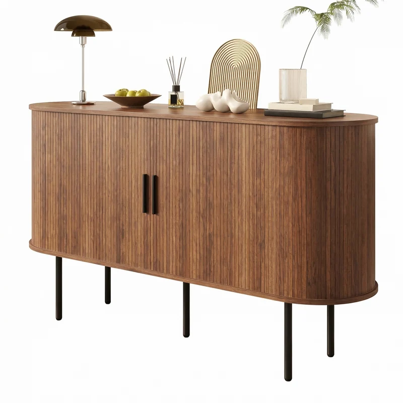 Buffet vintage effet noyer portes coulissantes à latte, poignées et pieds noir BIRCHROOM