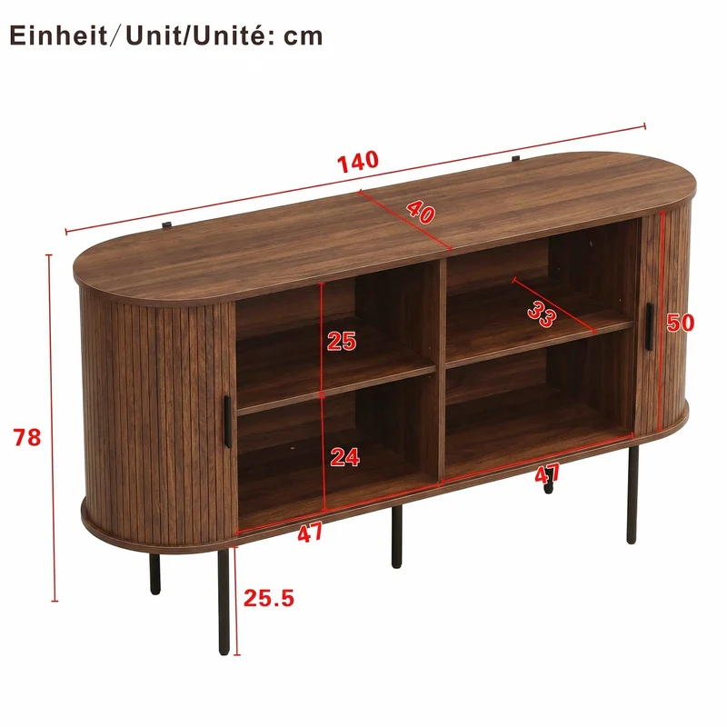 Buffet vintage effet noyer portes coulissantes à latte, poignées et pieds noir BIRCHROOM