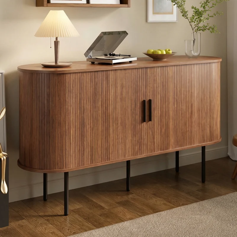 Buffet vintage effet noyer portes coulissantes à latte, poignées et pieds noir BIRCHROOM