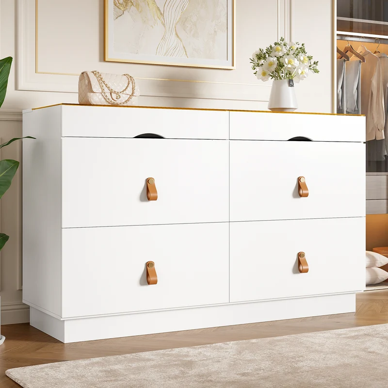 Buffet de chambre dressing blanc top vitré et poignées en cuir 120x40x78cm VERTEXKRYNNOR
