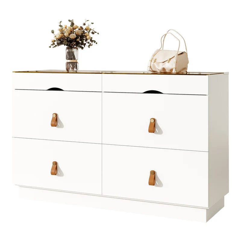 Buffet de chambre dressing blanc top vitré et poignées en cuir 120x40x78cm VERTEXKRYNNOR