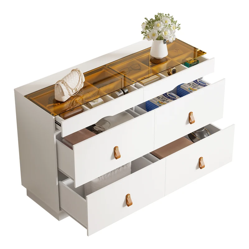 Buffet de chambre dressing blanc top vitré et poignées en cuir 120x40x78cm VERTEXKRYNNOR