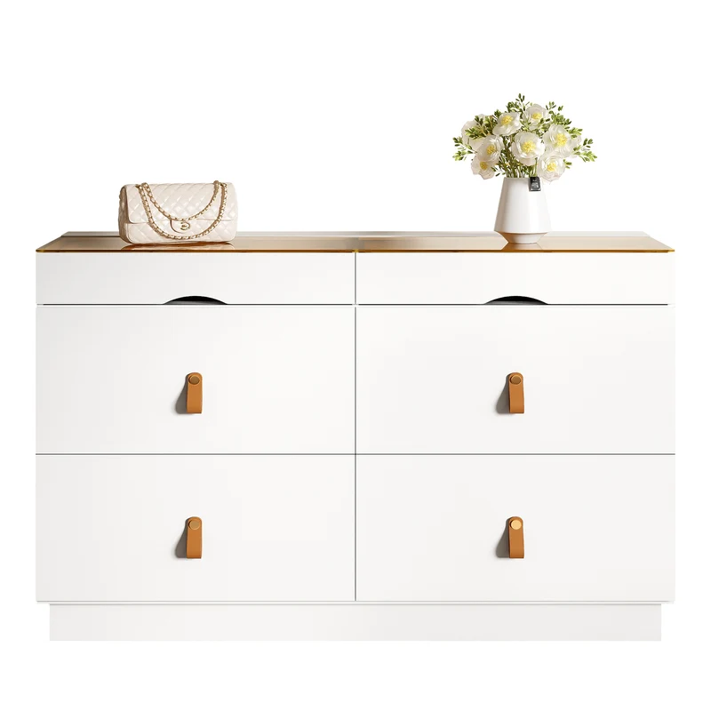 Buffet de chambre dressing blanc top vitré et poignées en cuir 120x40x78cm VERTEXKRYNNOR