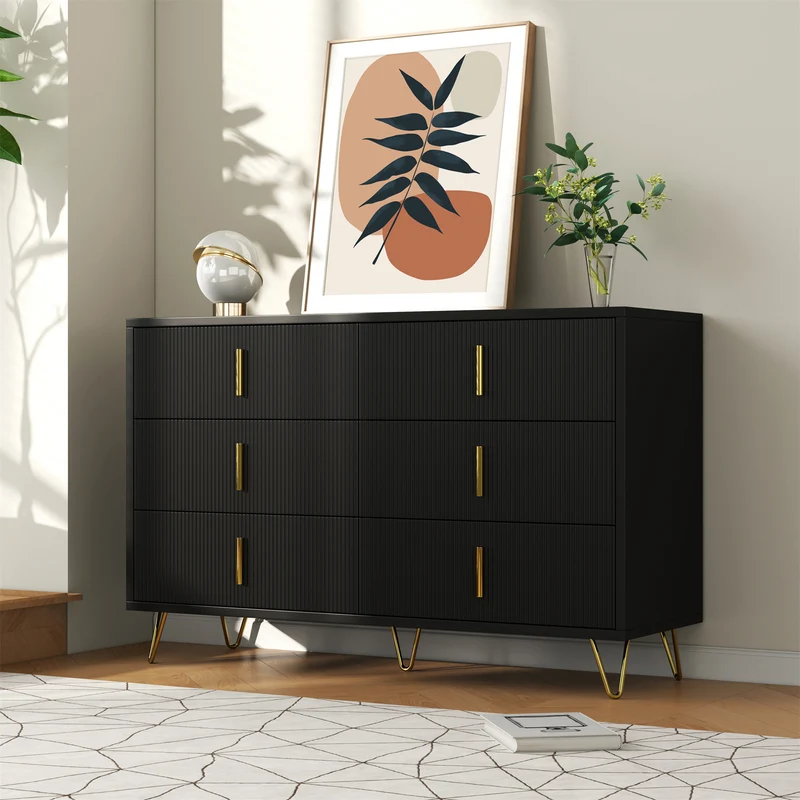 Buffet moderne noir orné de rayures élégantes 6 tiroirs poignées dorés 120x40x77cm THRAAVRAX