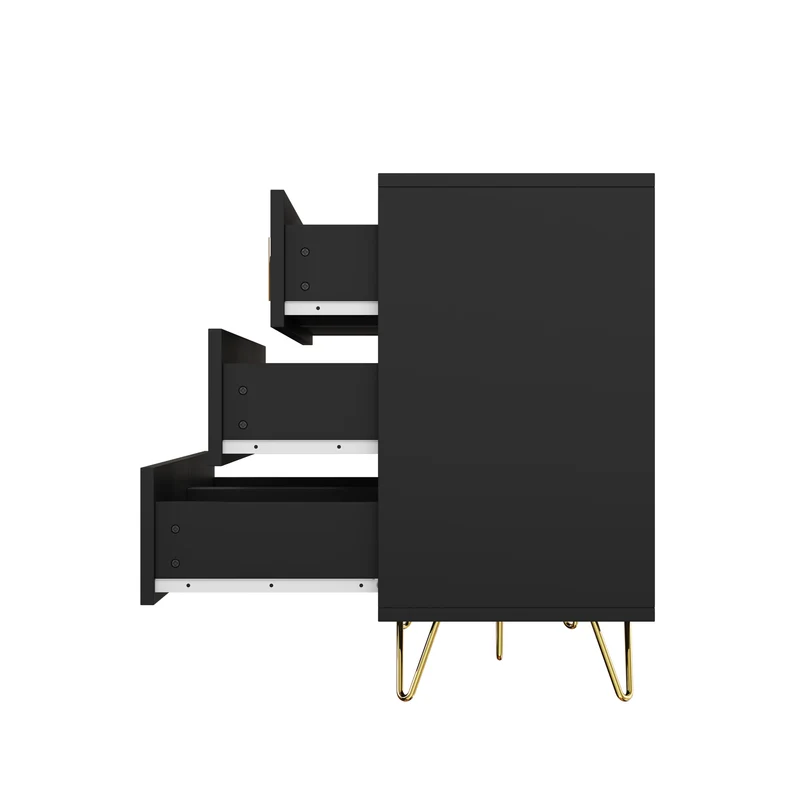 Buffet moderne noir orné de rayures élégantes 6 tiroirs poignées dorés 120x40x77cm THRAAVRAX