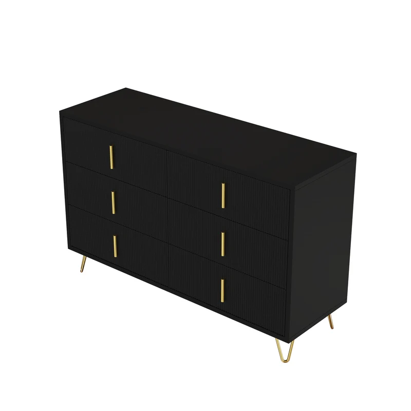 Buffet moderne noir orné de rayures élégantes 6 tiroirs poignées dorés 120x40x77cm THRAAVRAX