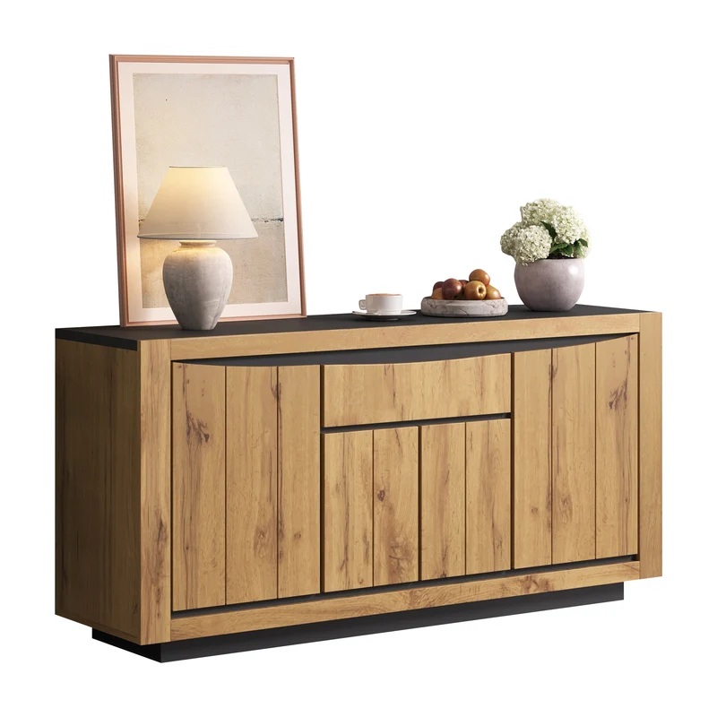 Buffet effet bois et noir 4 portes 1 tiroir 140x38,5x52cm ELEMENTLA