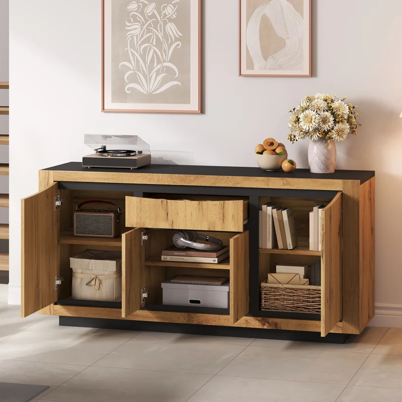Buffet effet bois et noir 4 portes 1 tiroir 140x38,5x52cm ELEMENTLA