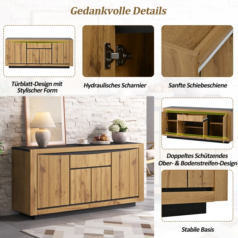Buffet effet bois et noir 4 portes 1 tiroir 140x38,5x52cm ELEMENTLA
