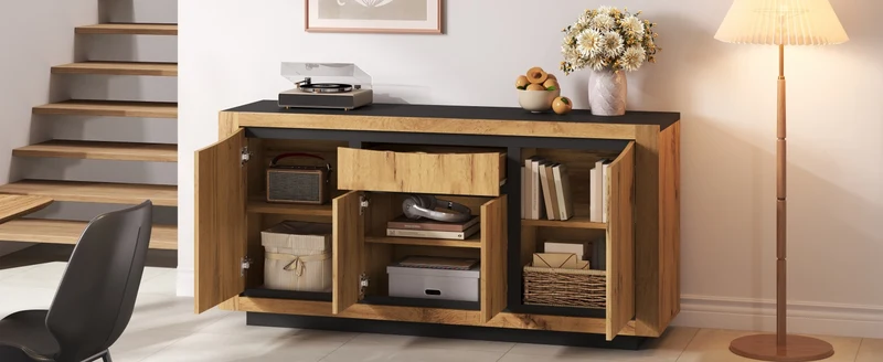Buffet effet bois et noir 4 portes 1 tiroir 140x38,5x52cm ELEMENTLA