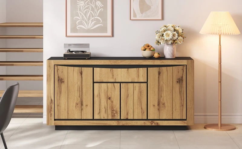 Buffet effet bois et noir 4 portes 1 tiroir 140x38,5x52cm ELEMENTLA