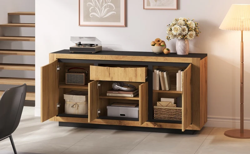 Buffet effet bois et noir 4 portes 1 tiroir 140x38,5x52cm ELEMENTLA