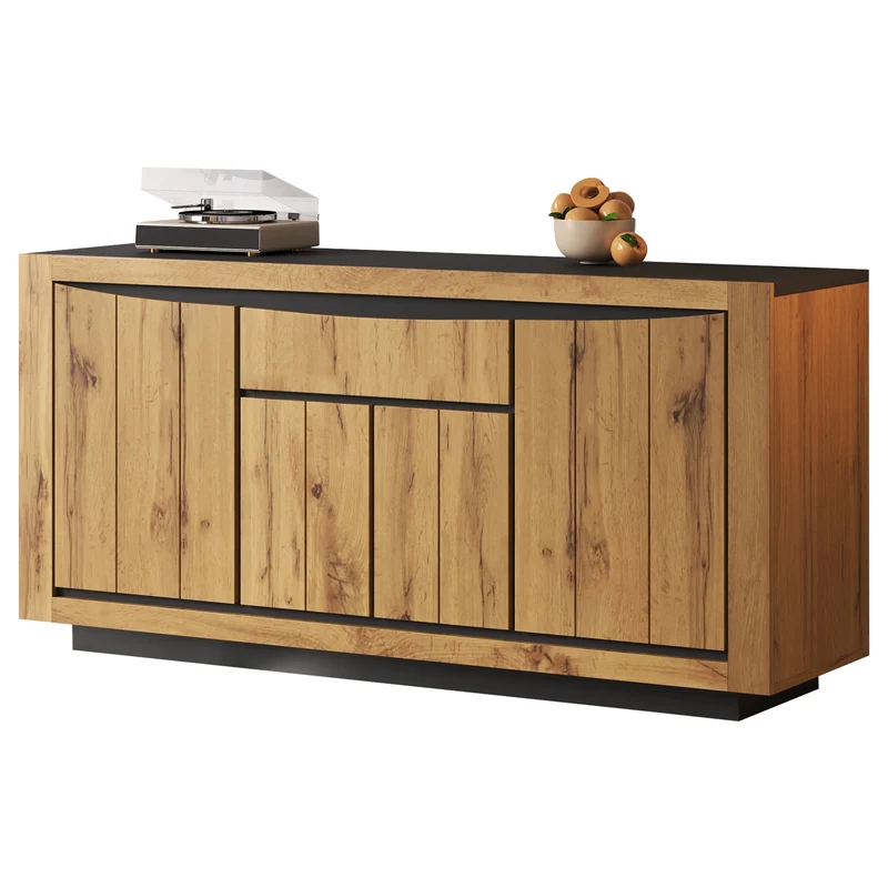 Buffet effet bois et noir 4 portes 1 tiroir 140x38,5x52cm ELEMENTLA