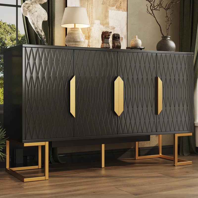 Buffet chic noir 4 portes avec motifs géométriques et détails dorés 140x40x80cm AURORALON