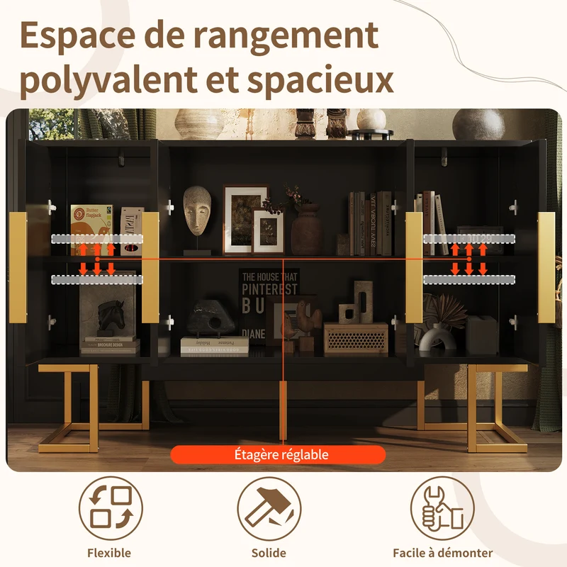 Buffet chic noir 4 portes avec motifs géométriques et détails dorés 140x40x80cm AURORALON