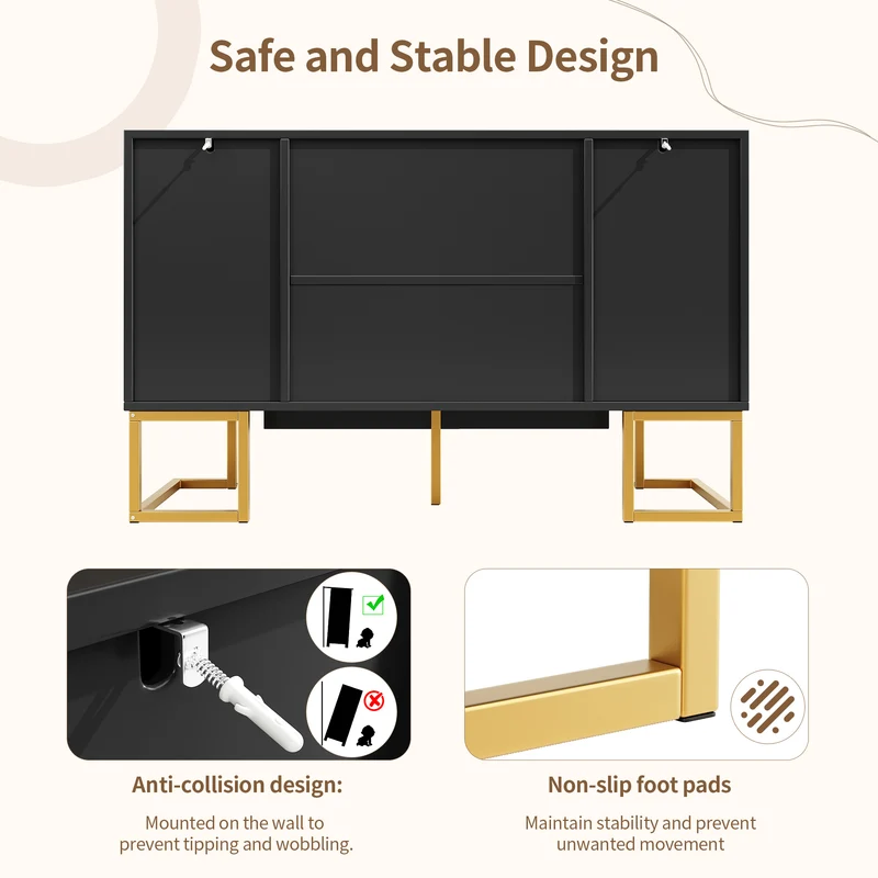 Buffet chic noir 4 portes avec motifs géométriques et détails dorés 140x40x80cm AURORALON