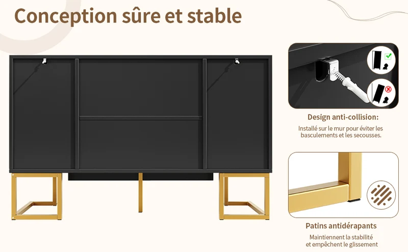 Buffet chic noir 4 portes avec motifs géométriques et détails dorés 140x40x80cm AURORALON