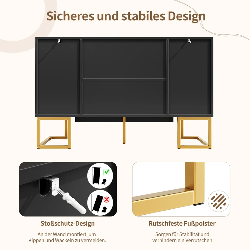 Buffet chic noir 4 portes avec motifs géométriques et détails dorés 140x40x80cm AURORALON