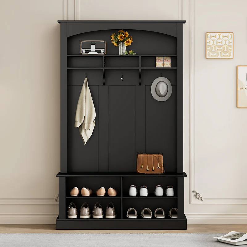 Unequivalent Vestiaire d’Entrée 120x40x190 cm Noir MDF avec Banc, Patères et Range-Chaussures