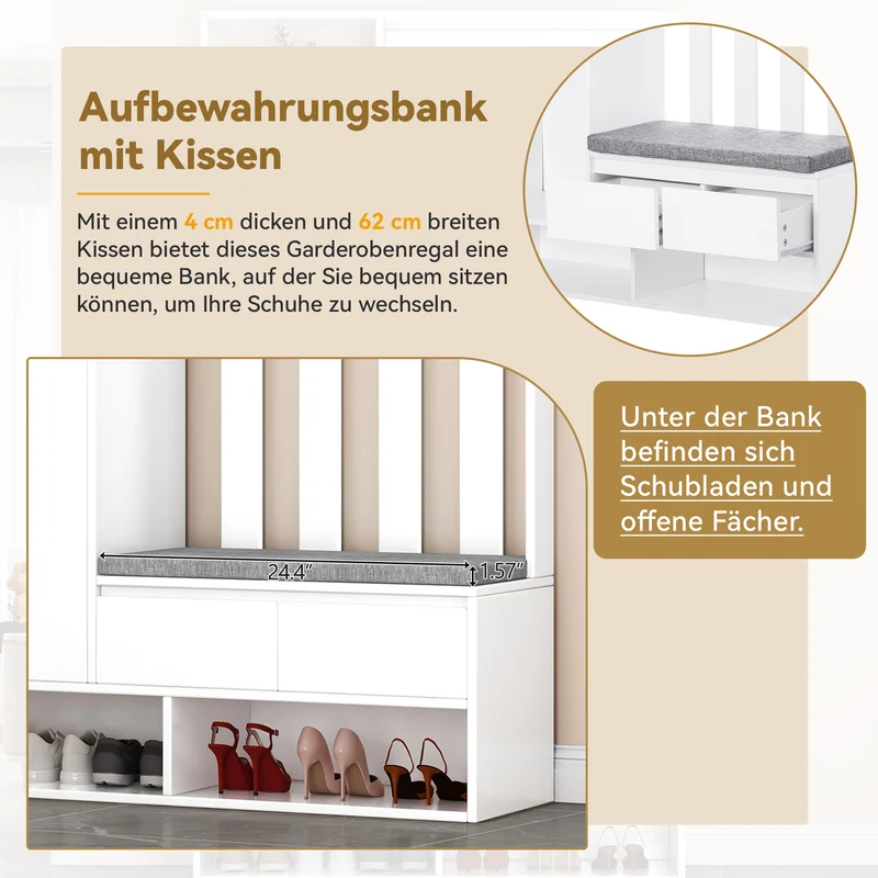 Airify Vestiaire d’entrée blanc MDF 100x35x180 cm avec banc rembourré et panneau perforé