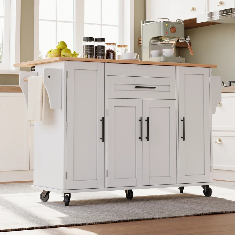 Procotols Îlot de Cuisine Roulant 136x70x92 cm MDF Blanc Naturel avec Plateau Extensible