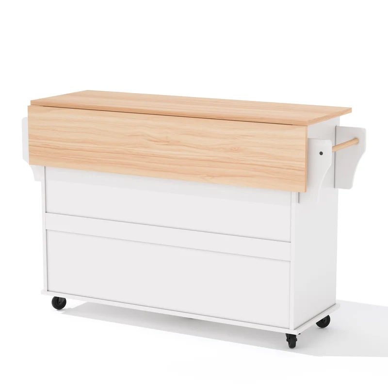 Procotols Îlot de Cuisine Roulant 136x70x92 cm MDF Blanc Naturel avec Plateau Extensible