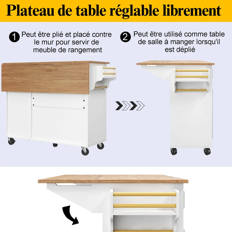 Nonjudicative Îlot de Cuisine Pliant Blanc MDF 110 x 45-75 cm avec Rangement et Plateau Extensible