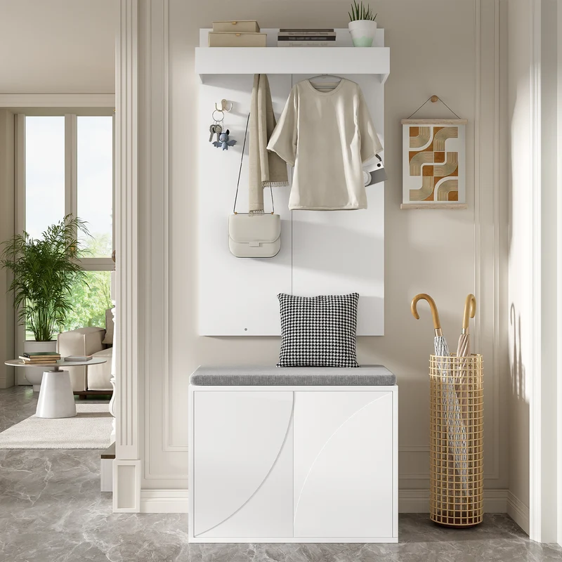 Untittering Meuble d’Entrée Blanc 60 cm avec Banc, Porte-Manteaux 4 Crochets et Range-Chaussures