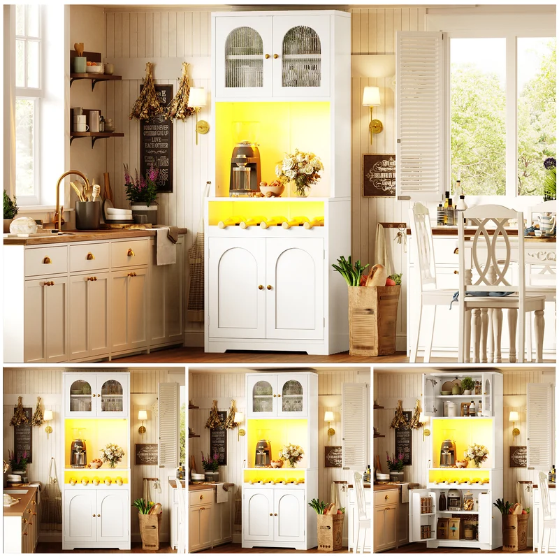Overgenerousness Buffet haut 180 cm blanc MDF, vaisselier LED RGB avec portes vitrées et range-vin