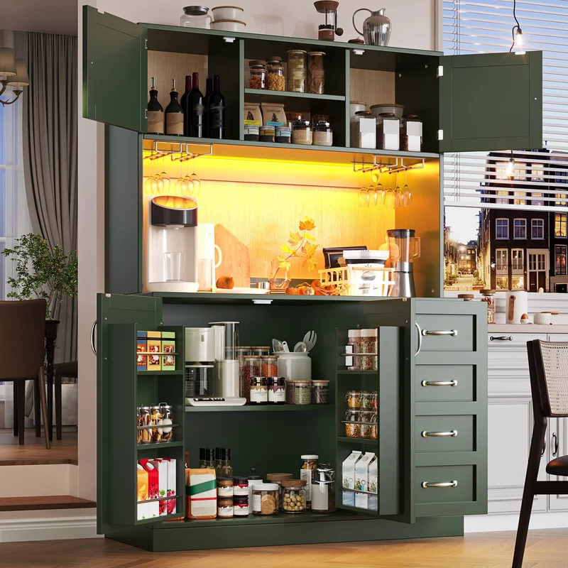 Pooled Buffet de cuisine 120x40x188 cm vert MDF avec LED, range-bouteilles et tiroirs