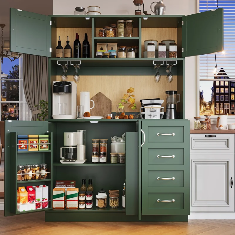 Pooled Buffet de cuisine 120x40x188 cm vert MDF avec LED, range-bouteilles et tiroirs