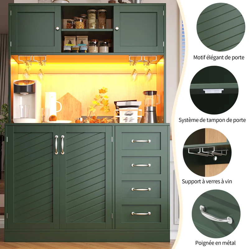 Pooled Buffet de cuisine 120x40x188 cm vert MDF avec LED, range-bouteilles et tiroirs
