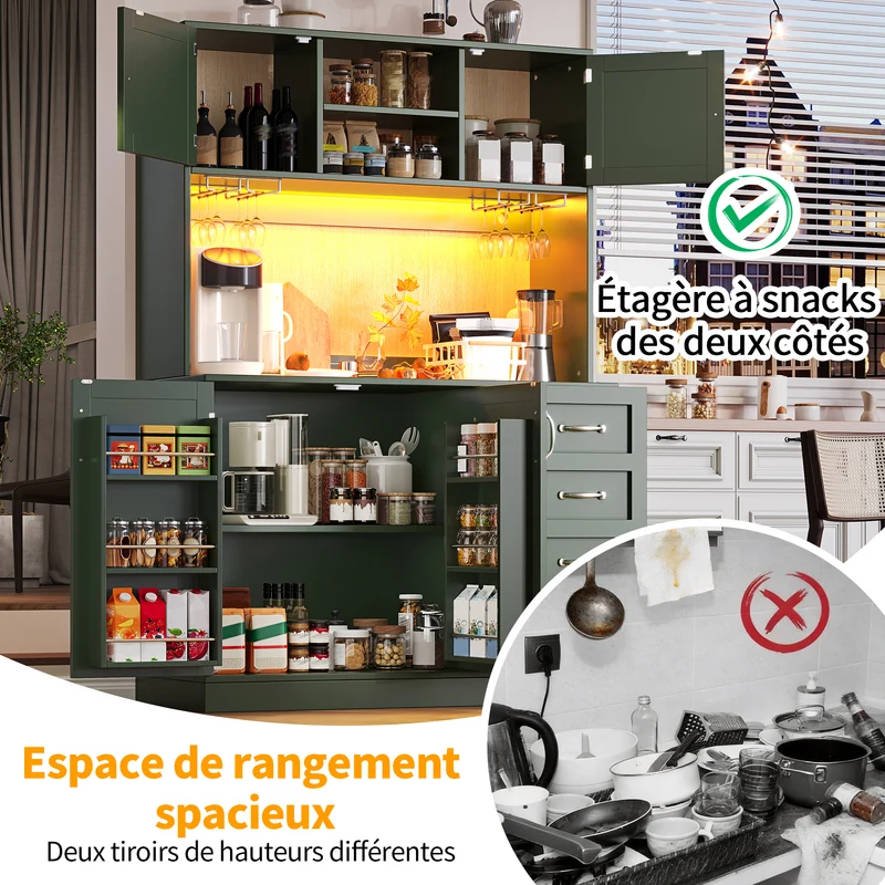 Pooled Buffet de cuisine 120x40x188 cm vert MDF avec LED, range-bouteilles et tiroirs