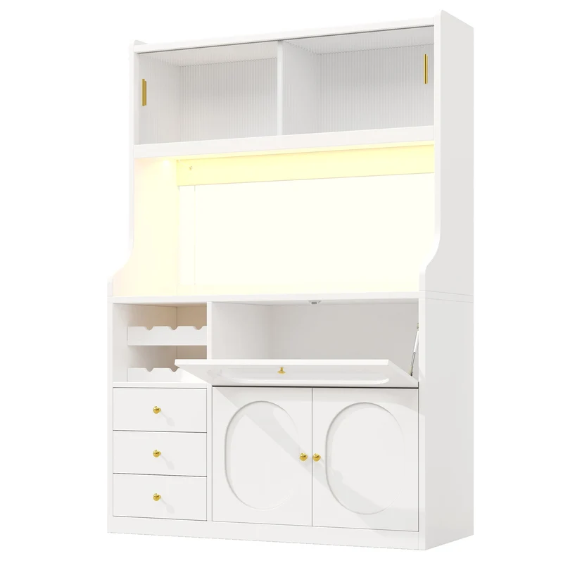 Talemaster Buffet de cuisine 120 cm blanc MDF, LED RGB, portes vitrées coulissantes & range-bouteilles